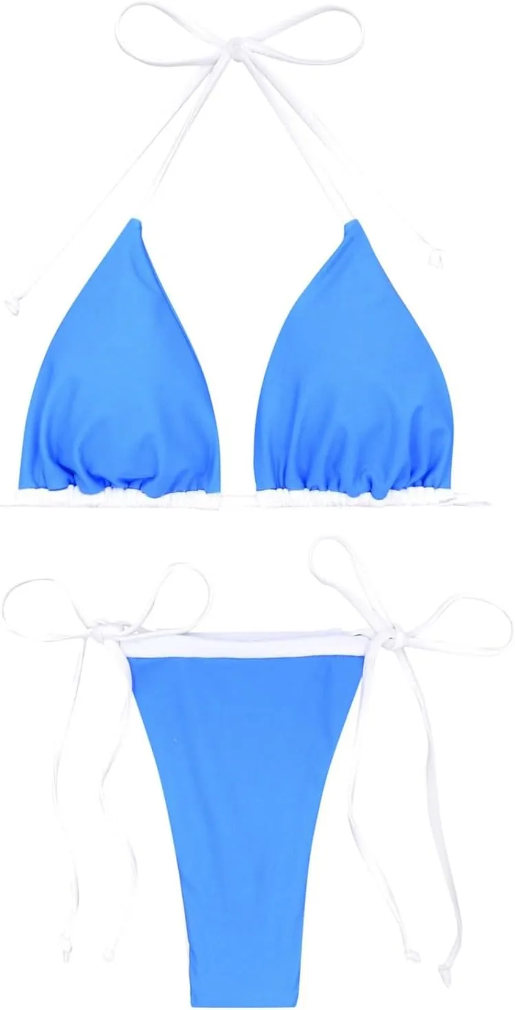 Women Triangle Halter Bikini Tops Adjustable Lace-up String 2 Piece Swimsuit Ruched Thong Brazilian Bathing Suit