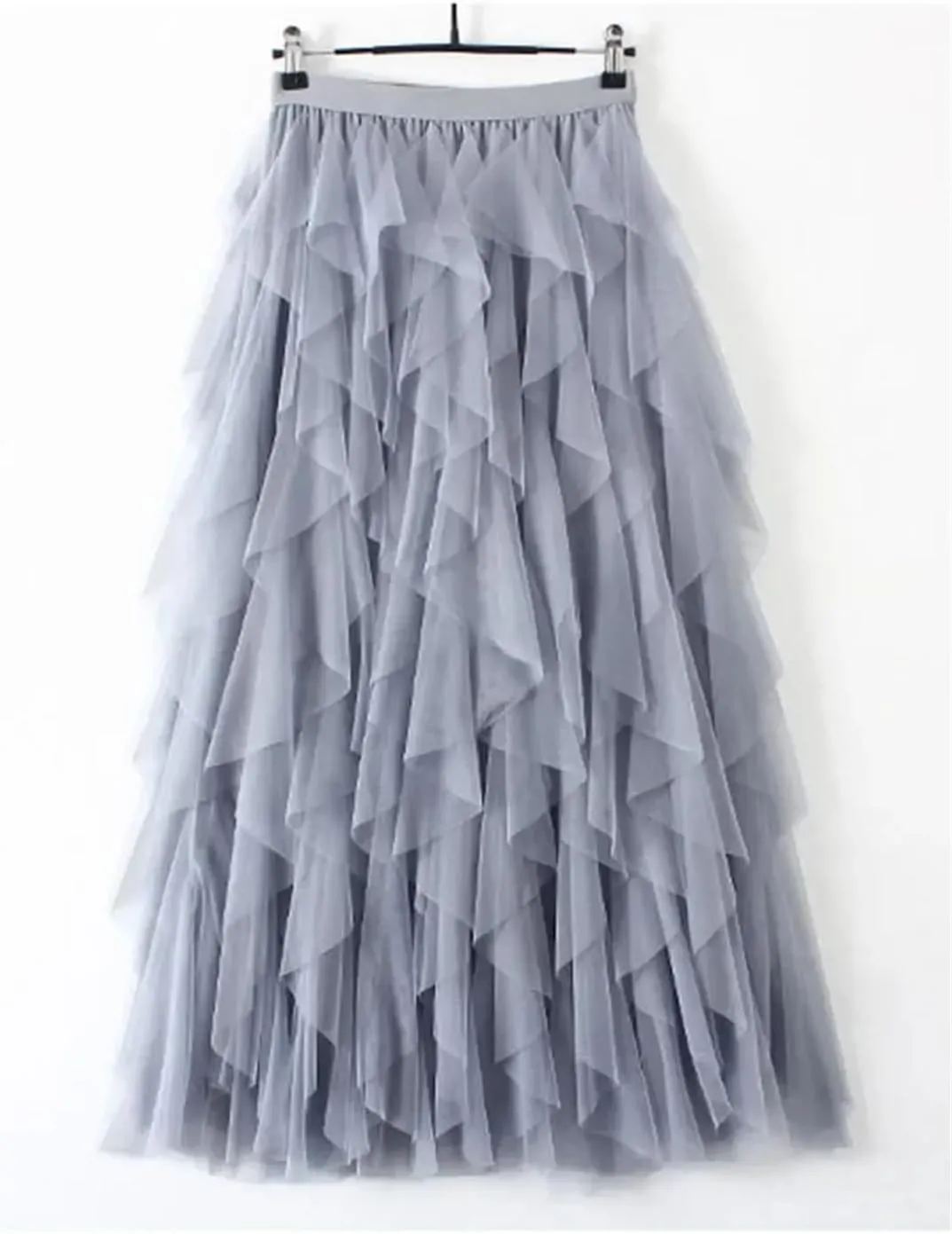Women Tulle Maxi Skirt Fashion Korean High Waist Pleated Skirt Mesh Lady