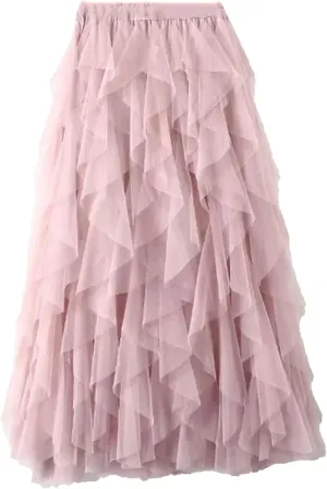 Women Tulle Maxi Skirt Fashion Korean High Waist Pleated Skirt Mesh Lady