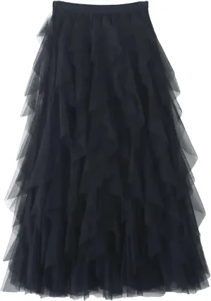 Women Tulle Maxi Skirt Fashion Korean High Waist Pleated Skirt Mesh Lady