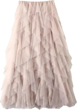 Women Tulle Maxi Skirt Fashion Korean High Waist Pleated Skirt Mesh Lady