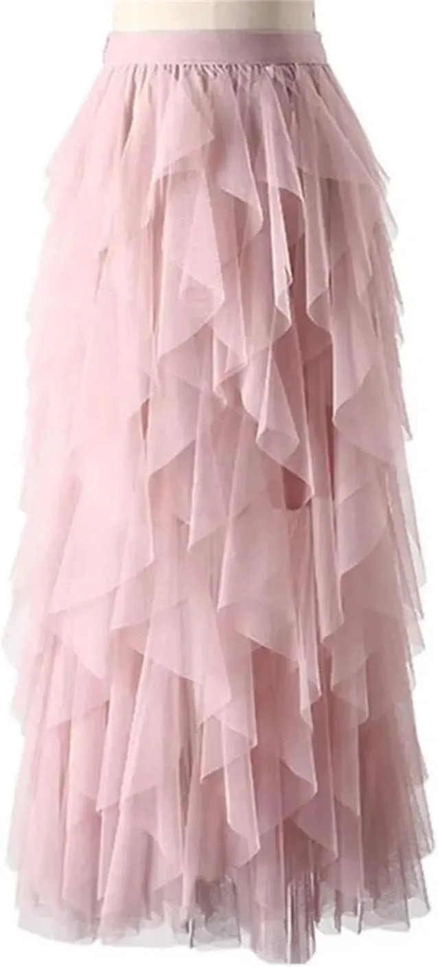 Women Tulle Maxi Skirt Fashion Korean High Waist Pleated Skirt Mesh Lady