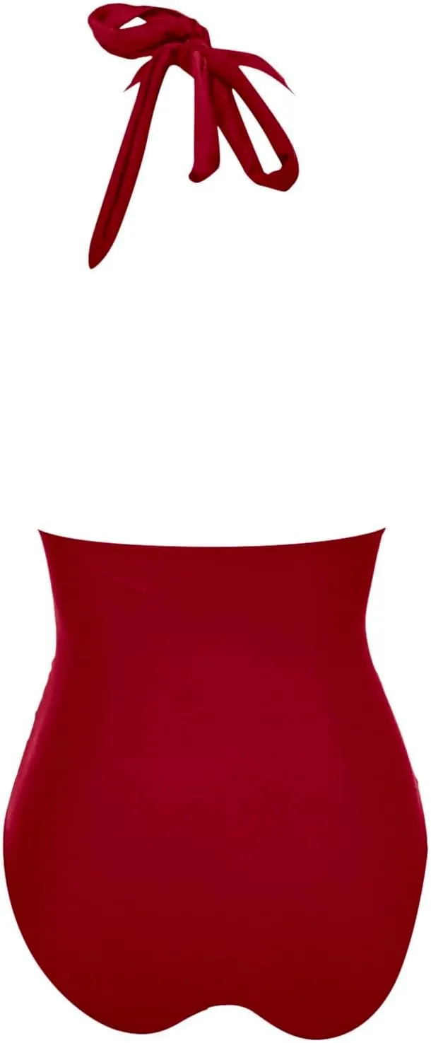 Women V Neck One Piece Swimsuit Halter Backless Ruched Tummy Control Bathing Suit Women Beach Fashion