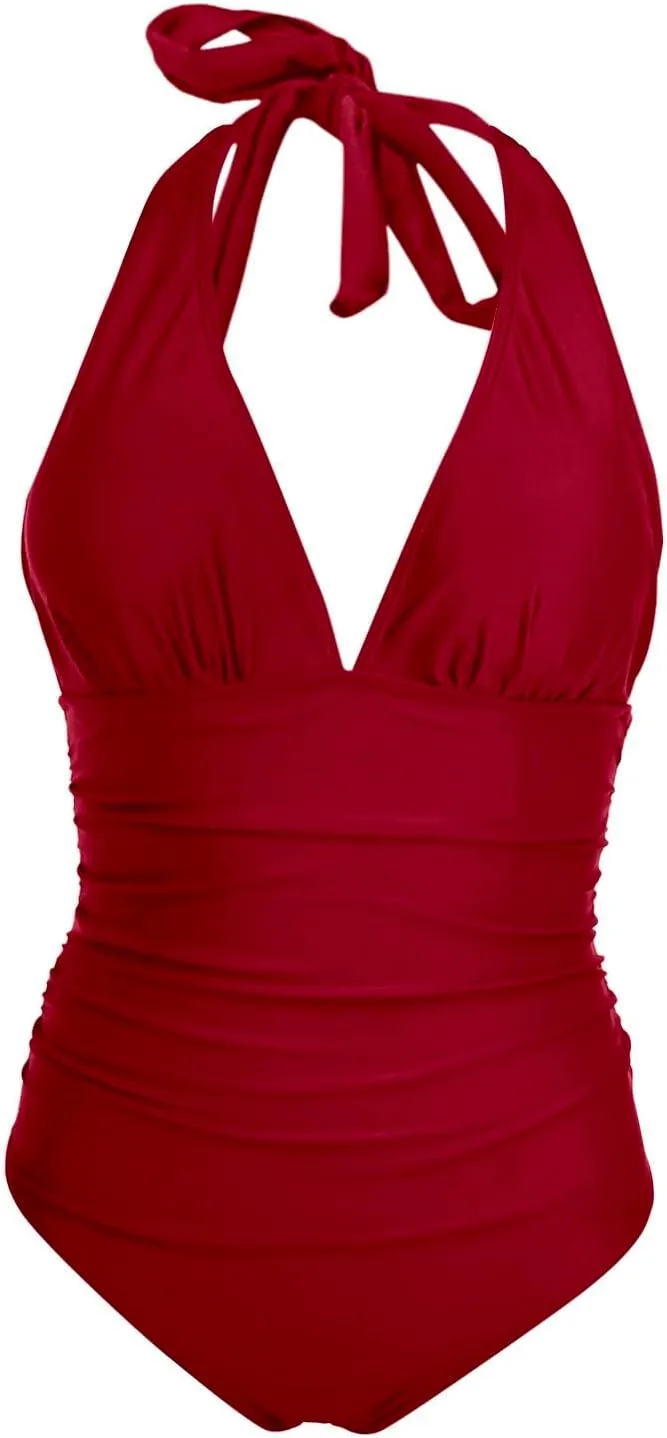 Women V Neck One Piece Swimsuit Halter Backless Ruched Tummy Control Bathing Suit Women Beach Fashion