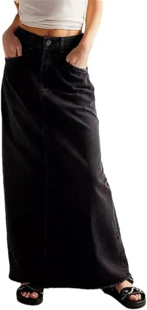 Women Vintage Denim Bodycon Wrapped Hip Maxi Skirt Distressed Edge Hem High Waist Long Skirts