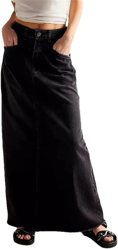 Women Vintage Denim Bodycon Wrapped Hip Maxi Skirt Distressed Edge Hem High Waist Long Skirts