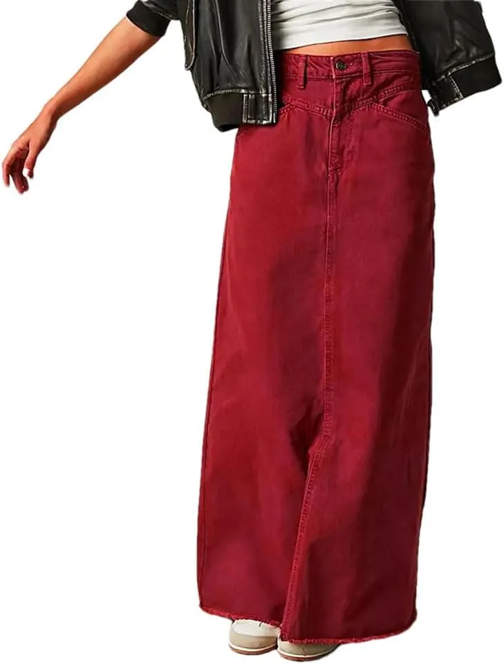 Women Vintage Denim Bodycon Wrapped Hip Maxi Skirt Distressed Edge Hem High Waist Long Skirts