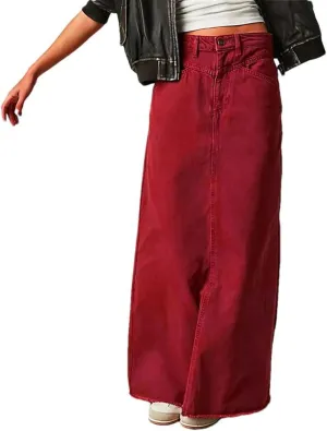 Women Vintage Denim Bodycon Wrapped Hip Maxi Skirt Distressed Edge Hem High Waist Long Skirts