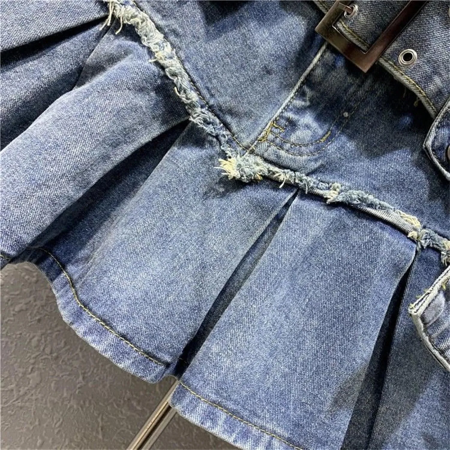 Women Vintage High Waist Mini Denim Skirt Black Pleated Summer A Line Jeans Short Skirts with Belt