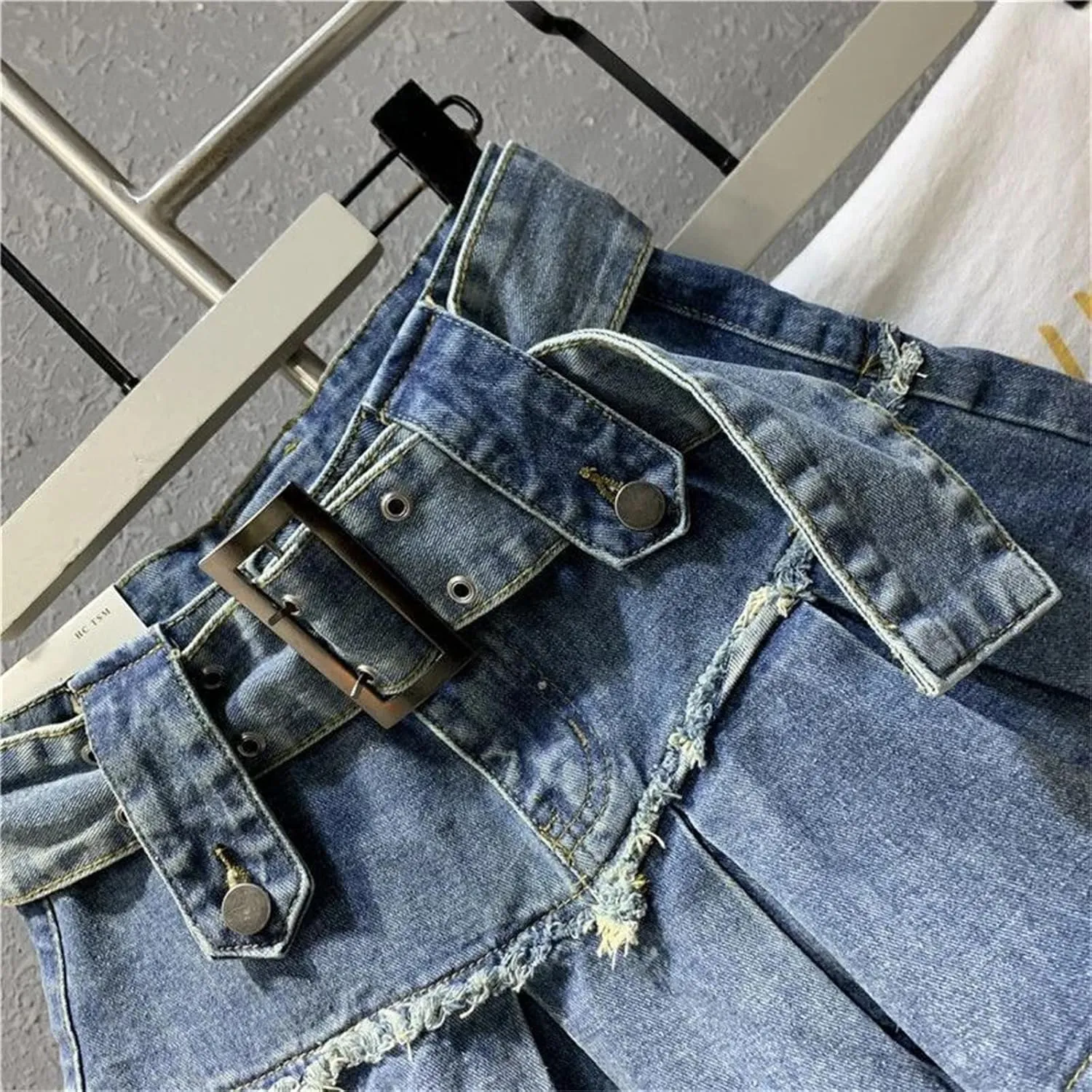 Women Vintage High Waist Mini Denim Skirt Black Pleated Summer A Line Jeans Short Skirts with Belt