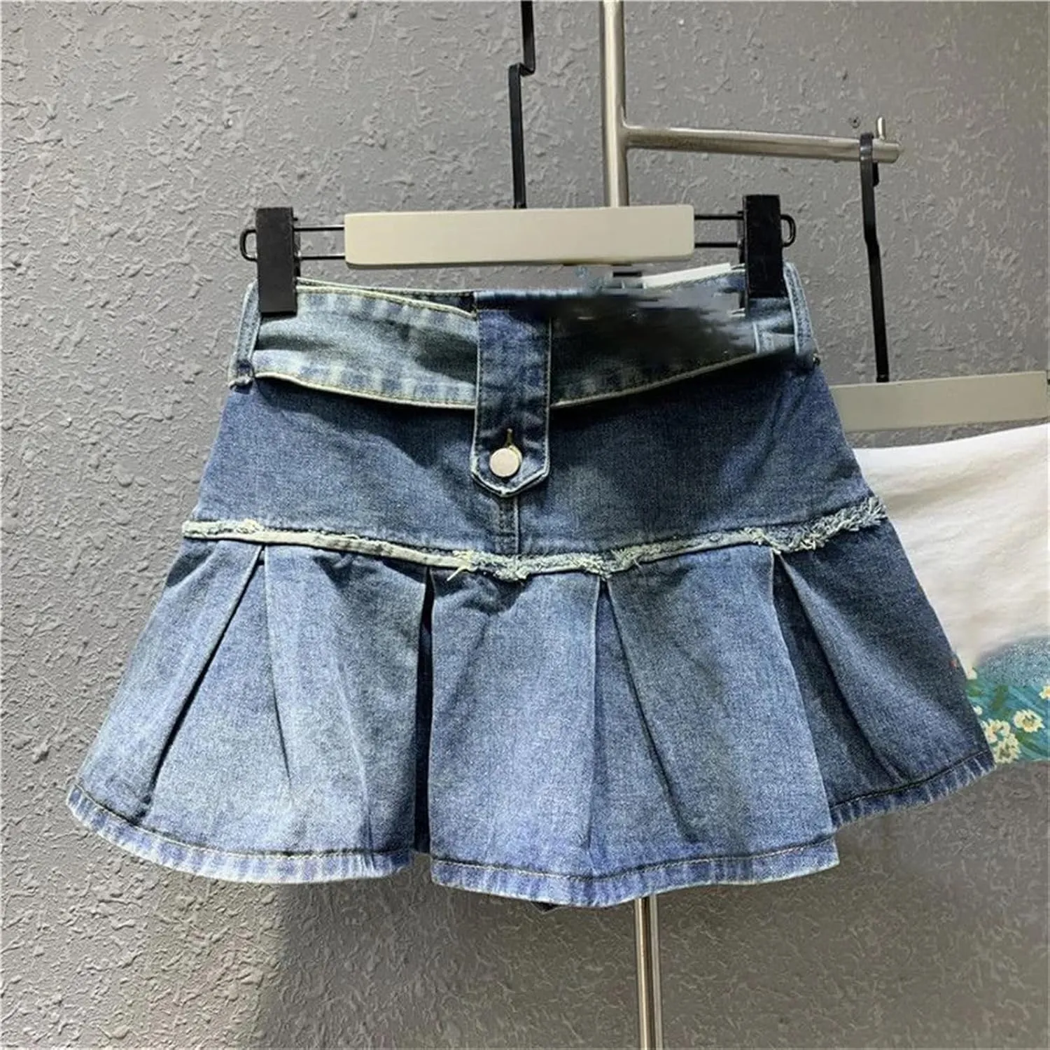 Women Vintage High Waist Mini Denim Skirt Black Pleated Summer A Line Jeans Short Skirts with Belt
