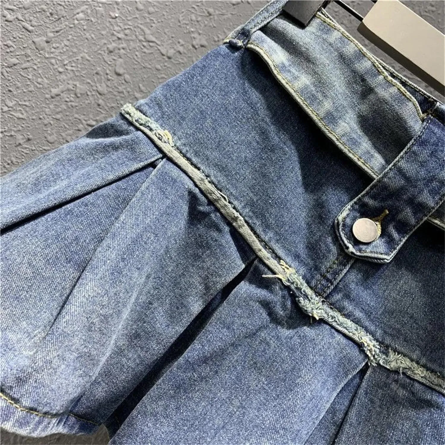 Women Vintage High Waist Mini Denim Skirt Black Pleated Summer A Line Jeans Short Skirts with Belt