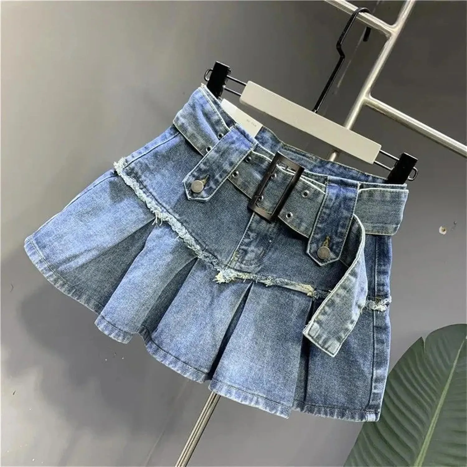 Women Vintage High Waist Mini Denim Skirt Black Pleated Summer A Line Jeans Short Skirts with Belt