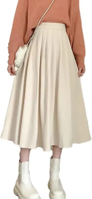 Women Vintage High Waist Pleated Skirt Korean Style Casual A Line Long Skirts