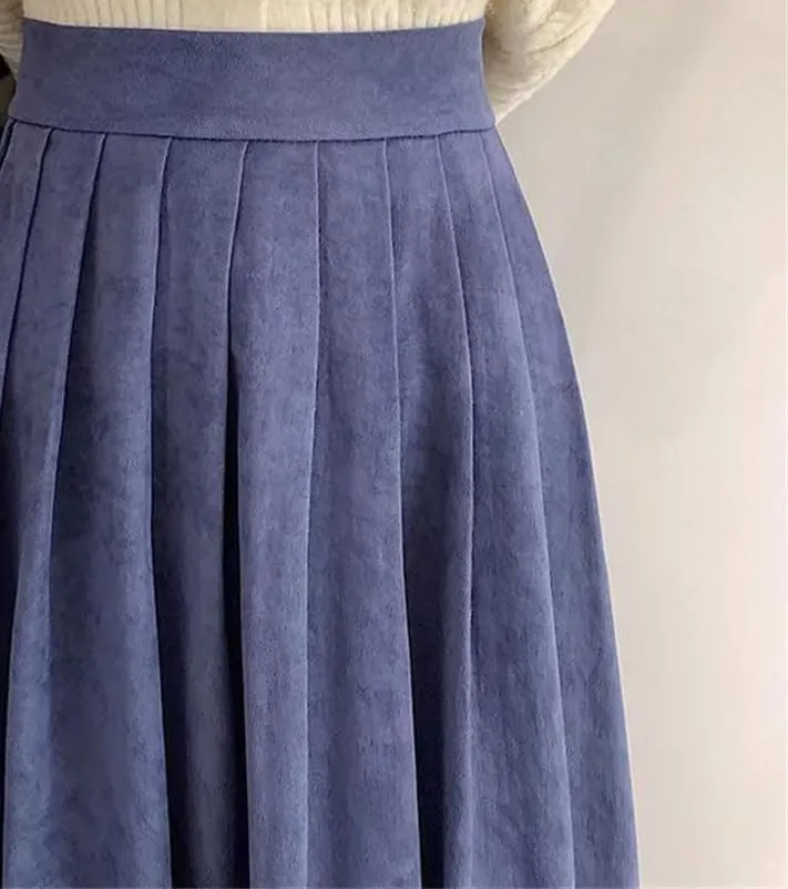 Women Vintage High Waist Pleated Skirt Korean Style Casual A Line Long Skirts