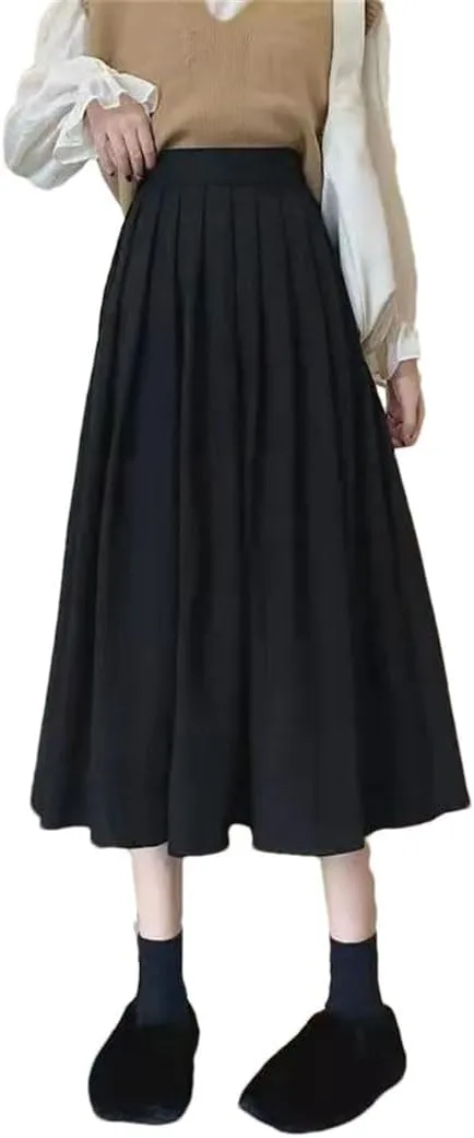 Women Vintage High Waist Pleated Skirt Korean Style Casual A Line Long Skirts