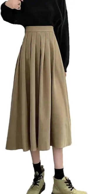 Women Vintage High Waist Pleated Skirt Korean Style Casual A Line Long Skirts