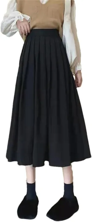 Women Vintage High Waist Pleated Skirt Korean Style Casual A Line Long Skirts