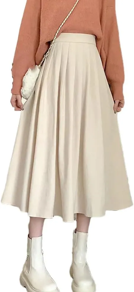 Women Vintage High Waist Pleated Skirt Korean Style Casual A Line Long Skirts