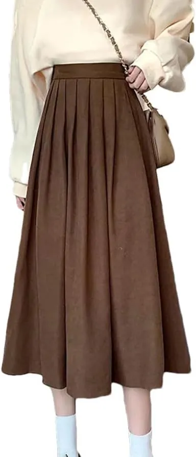 Women Vintage High Waist Pleated Skirt Korean Style Casual A Line Long Skirts