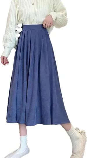 Women Vintage High Waist Pleated Skirt Korean Style Casual A Line Long Skirts
