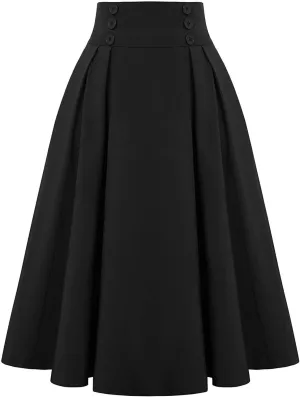 Women Vintage Skirt High Waist Pleated Skirt Midi A-Line Skirt Button Casual Knee Length Flared Skirts