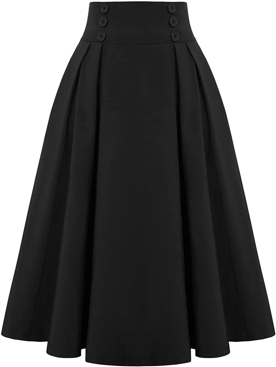Women Vintage Skirt High Waist Pleated Skirt Midi A-Line Skirt Button Casual Knee Length Flared Skirts