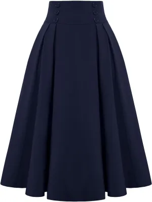 Women Vintage Skirt High Waist Pleated Skirt Midi A-Line Skirt Elegant Flowy Button Details Casual Formal Skirt