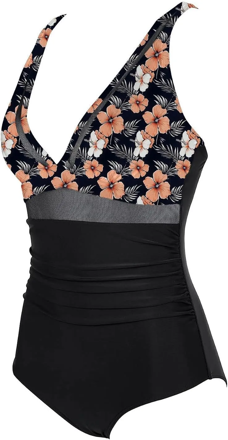 Women Vintage Swimwear Floral Printed Tummy Control One Piece Swimsuit Ruched High Waisted Bathing Suits 2025 Summer
