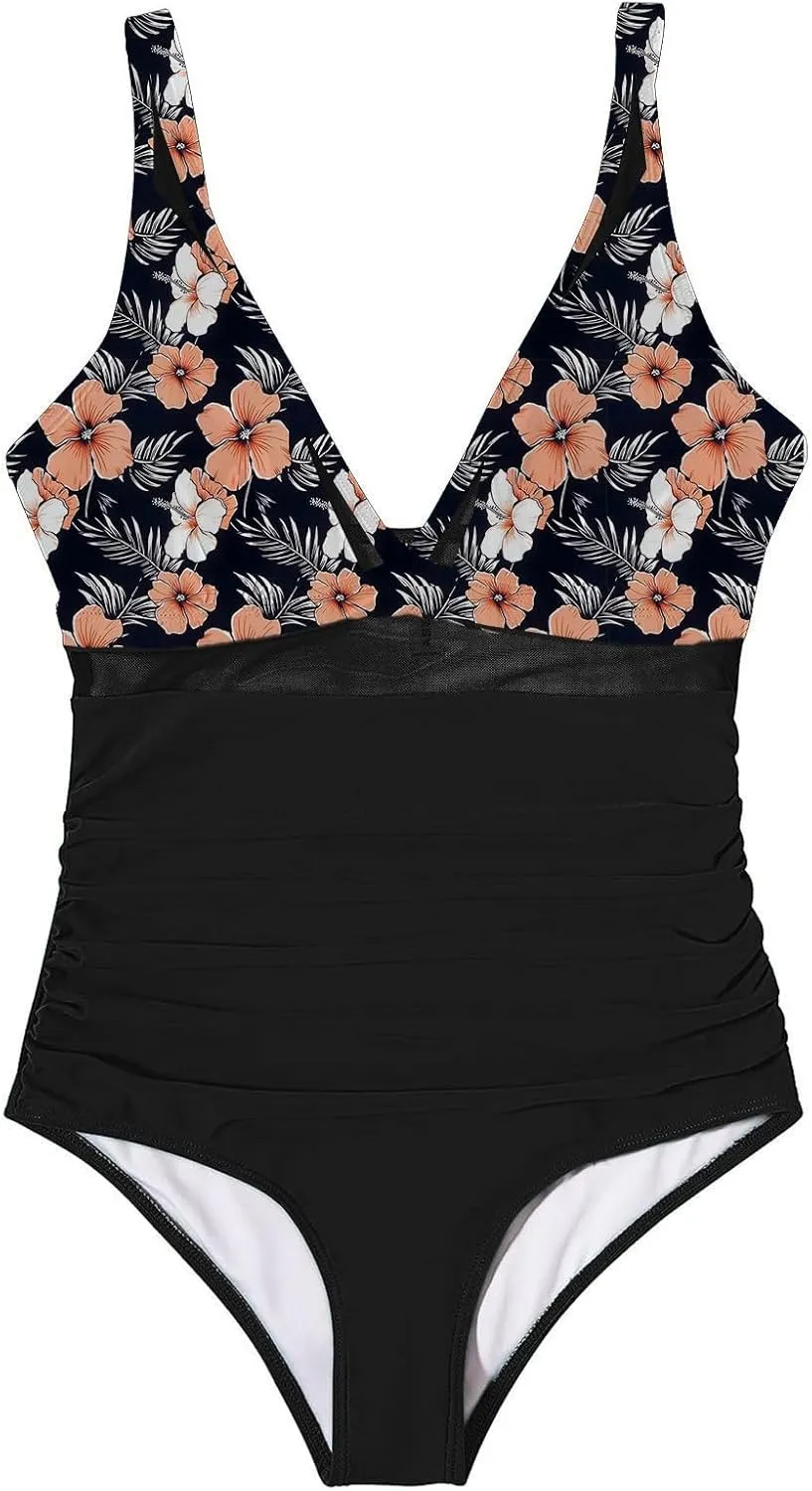 Women Vintage Swimwear Floral Printed Tummy Control One Piece Swimsuit Ruched High Waisted Bathing Suits 2025 Summer