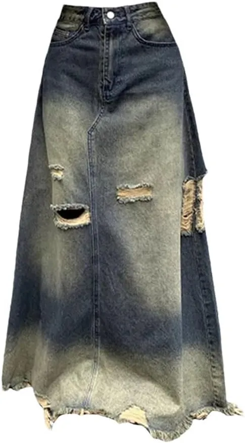 Women Y2k Denim Long Skirt Vintage Gradient A-Line Jean Skirts