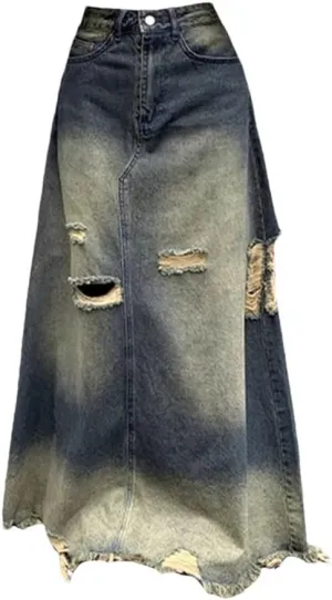 Women Y2k Denim Long Skirt Vintage Gradient A-Line Jean Skirts