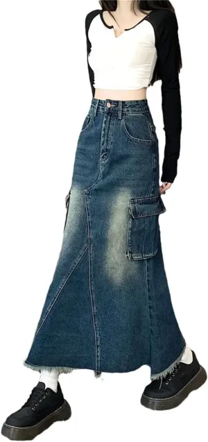 Women's A-Line Denim Skirt Harajuku Vintage Y2k Long Cowboy Skirts