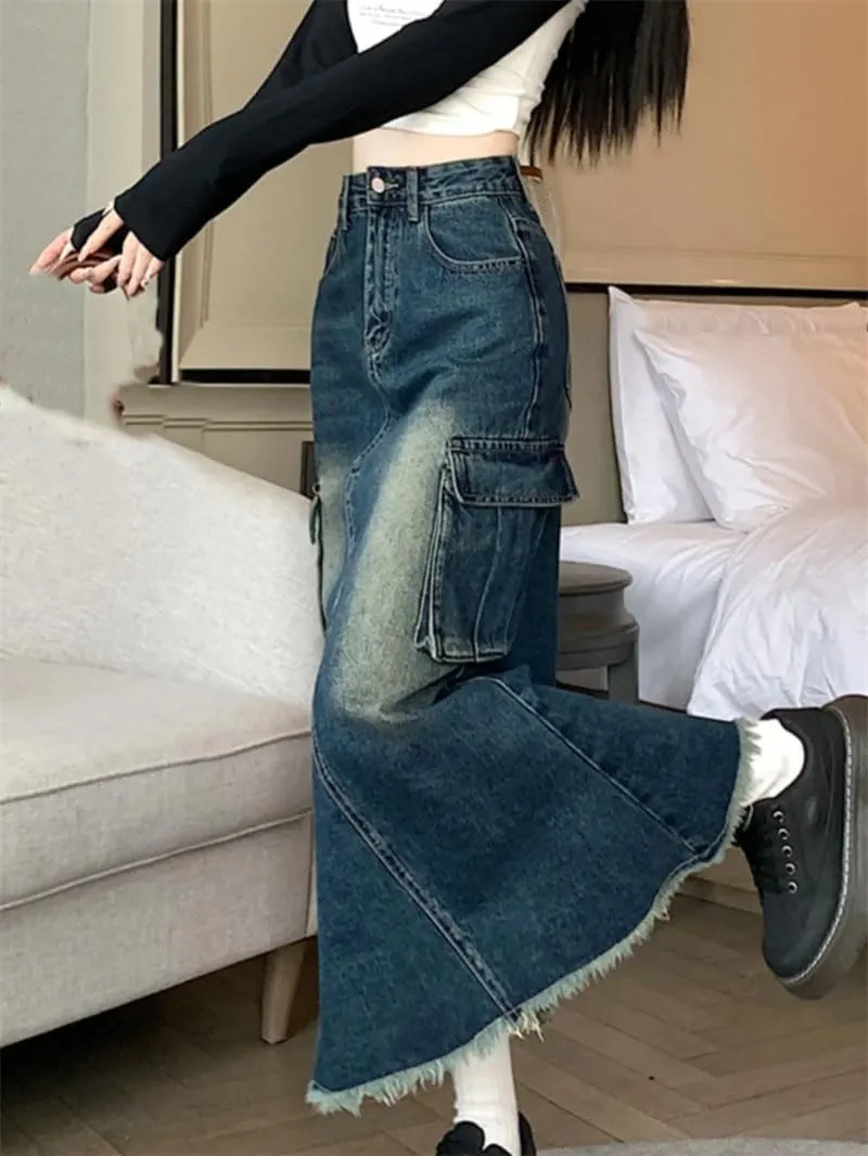 Women's A-Line Denim Skirt Harajuku Vintage Y2k Long Cowboy Skirts