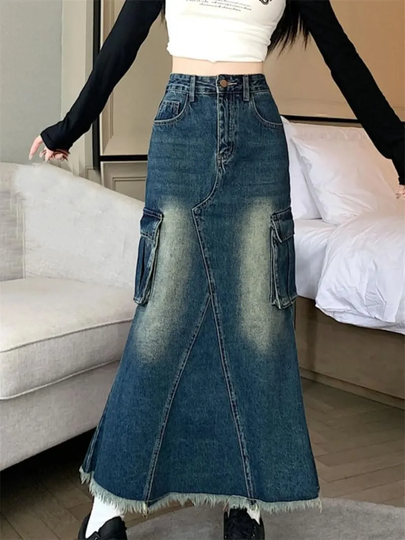 Women's A-Line Denim Skirt Harajuku Vintage Y2k Long Cowboy Skirts