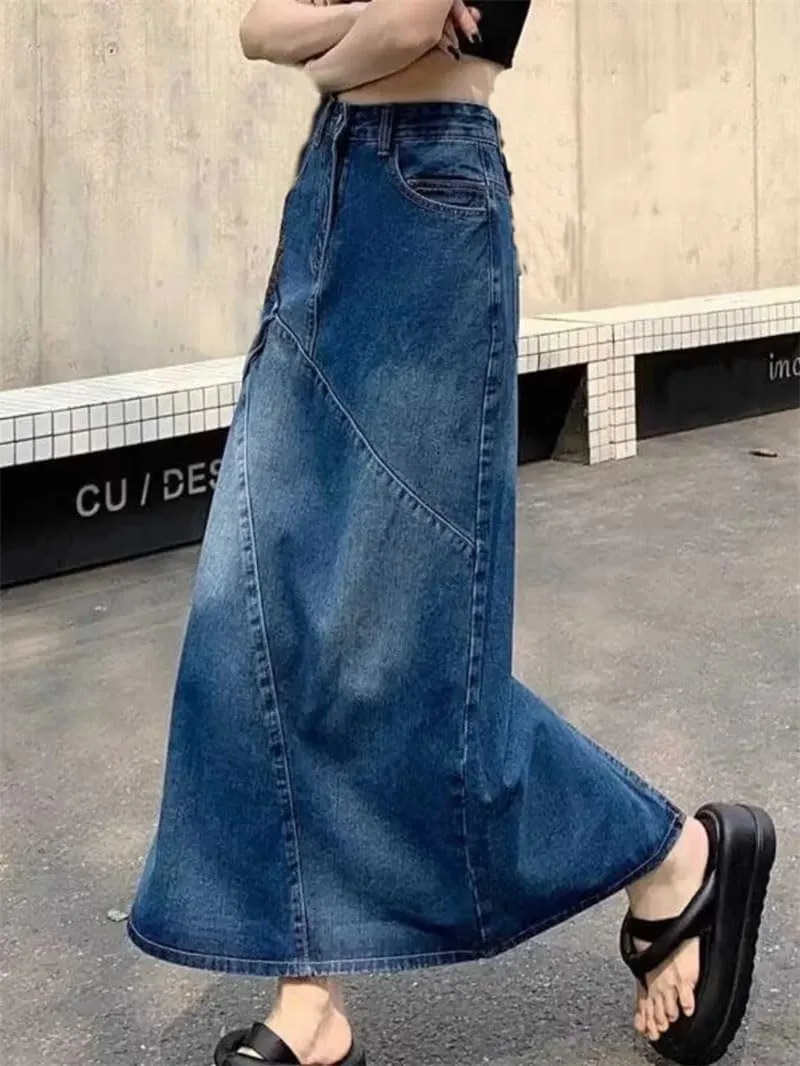 Women's A-Line Denim Skirt Vintage Y2k Harajuku Jean Long Skirts