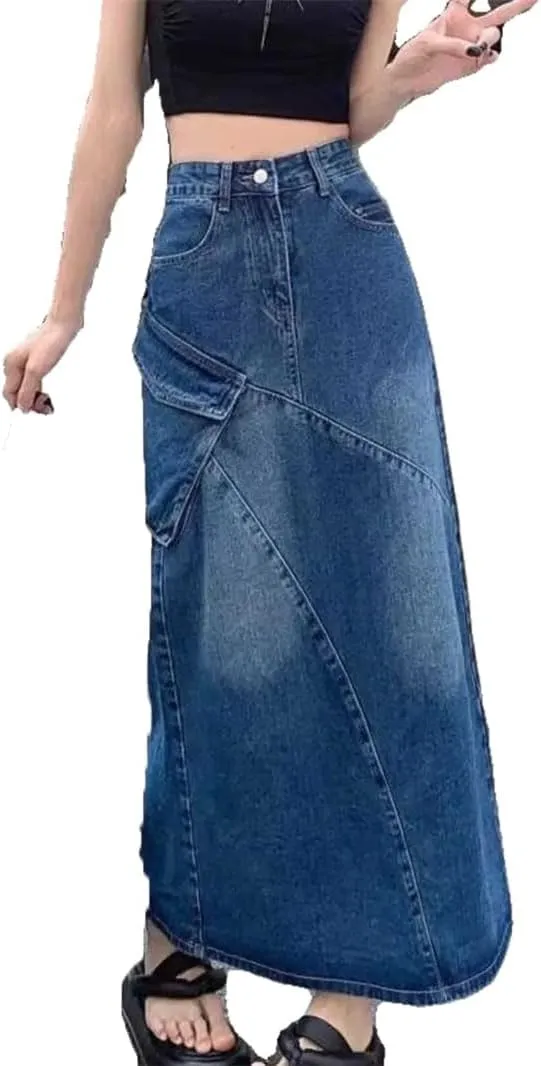 Women's A-Line Denim Skirt Vintage Y2k Harajuku Jean Long Skirts