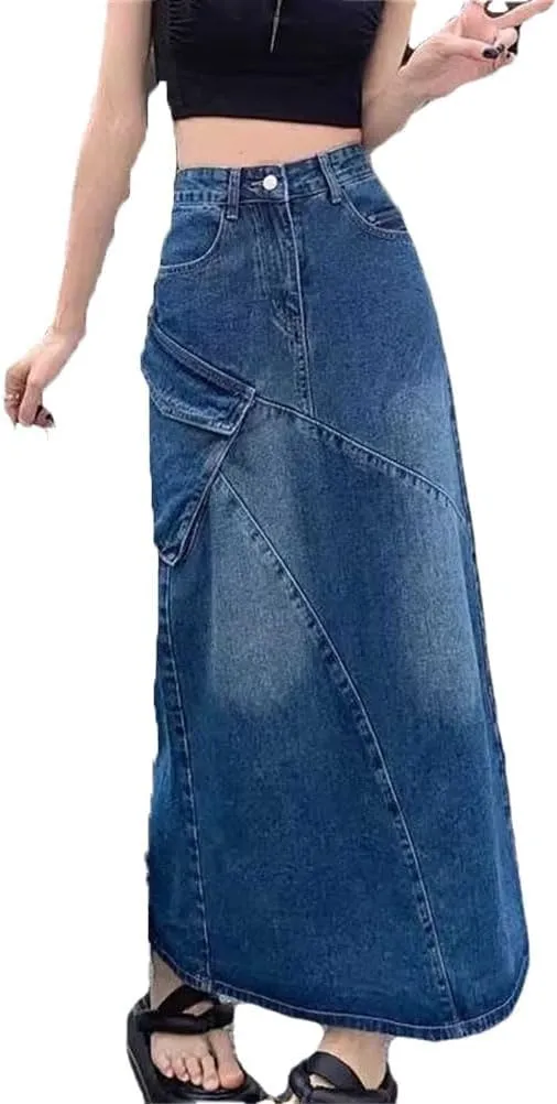 Women's A-Line Denim Skirt Vintage Y2k Harajuku Jean Long Skirts