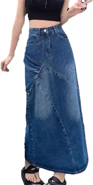 Women's A-Line Denim Skirt Vintage Y2k Harajuku Jean Long Skirts