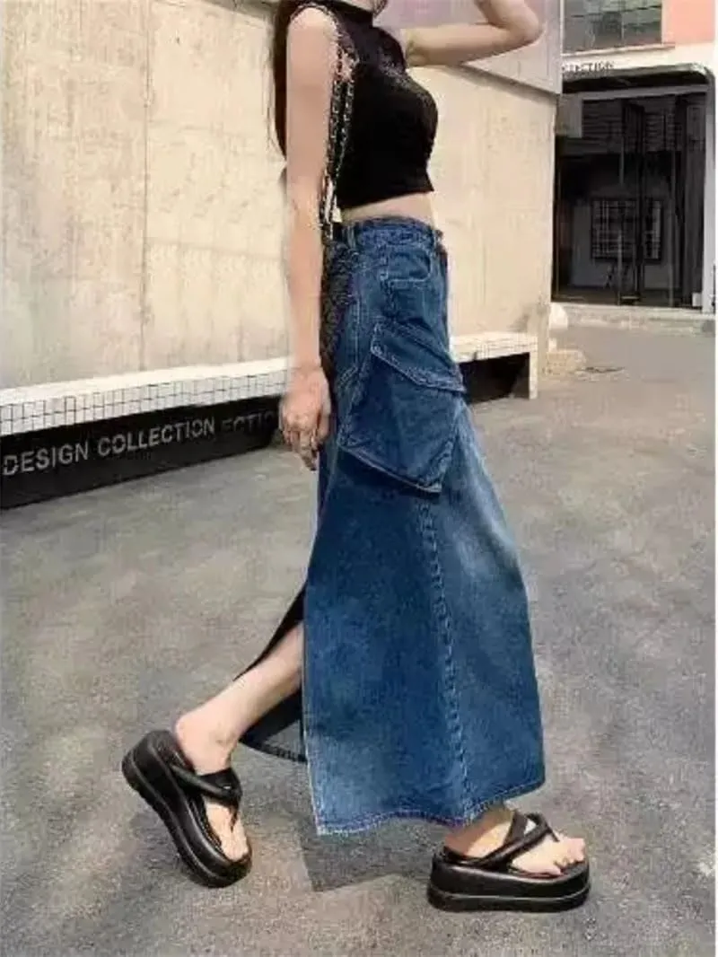 Women's A-Line Denim Skirt Vintage Y2k Harajuku Jean Long Skirts