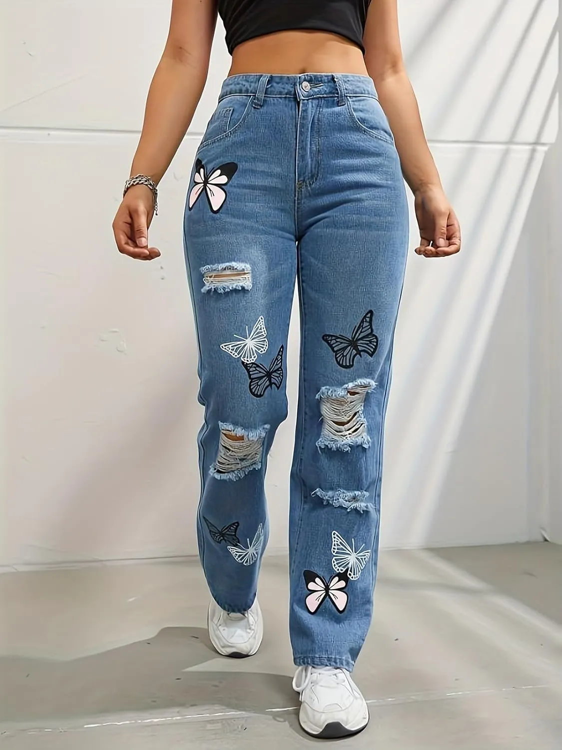 Womens Baggy Ripped Jeans High Waist Butterfly Distressed Straight Leg Jeans Teen Girls Cut Out Boyfriend Denim Pants