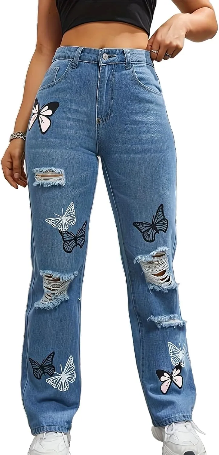 Womens Baggy Ripped Jeans High Waist Butterfly Distressed Straight Leg Jeans Teen Girls Cut Out Boyfriend Denim Pants
