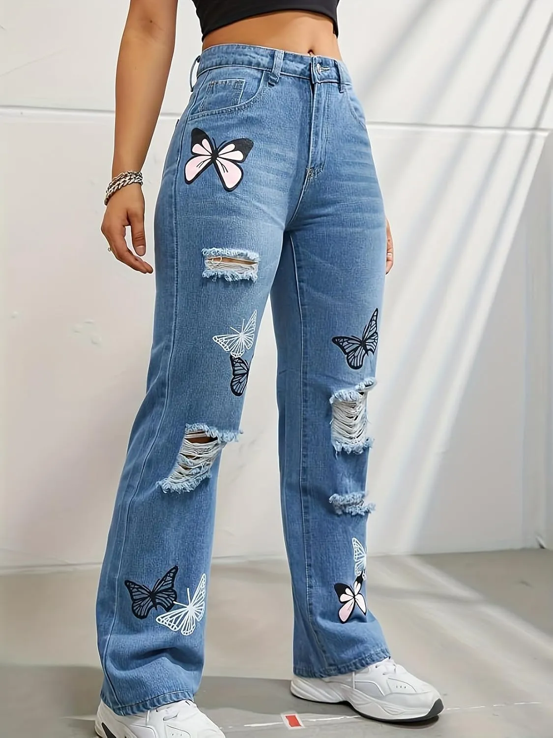 Womens Baggy Ripped Jeans High Waist Butterfly Distressed Straight Leg Jeans Teen Girls Cut Out Boyfriend Denim Pants