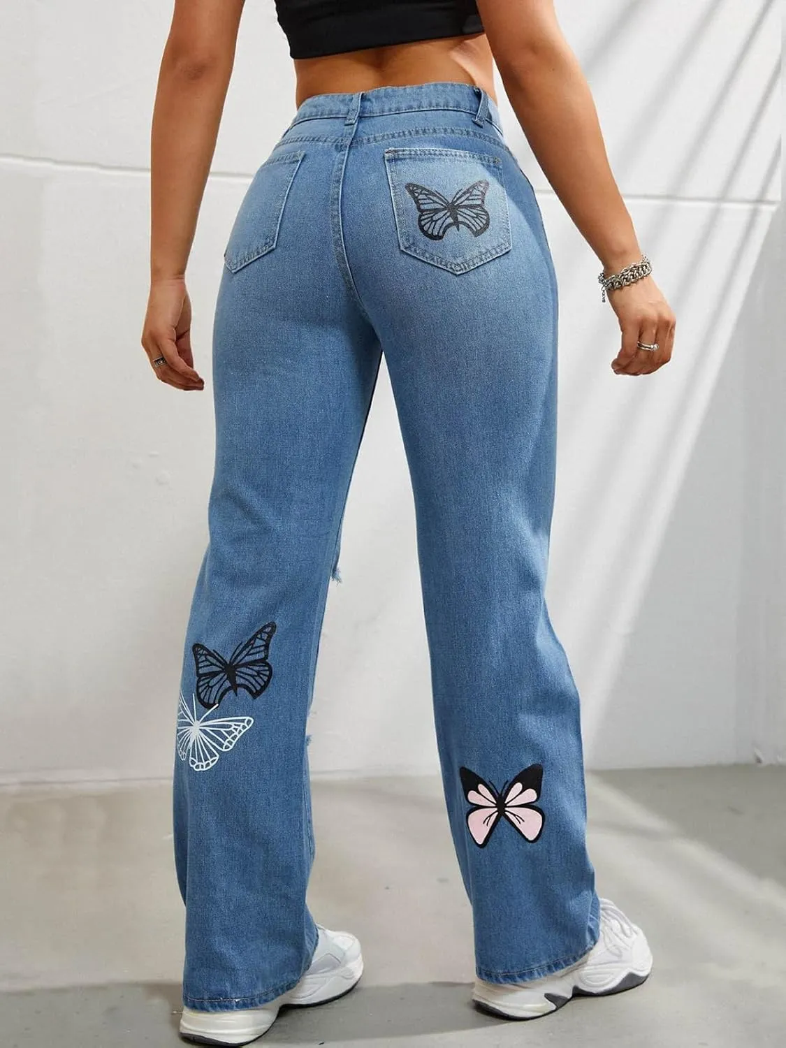 Womens Baggy Ripped Jeans High Waist Butterfly Distressed Straight Leg Jeans Teen Girls Cut Out Boyfriend Denim Pants