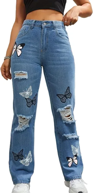 Womens Baggy Ripped Jeans High Waist Butterfly Distressed Straight Leg Jeans Teen Girls Cut Out Boyfriend Denim Pants