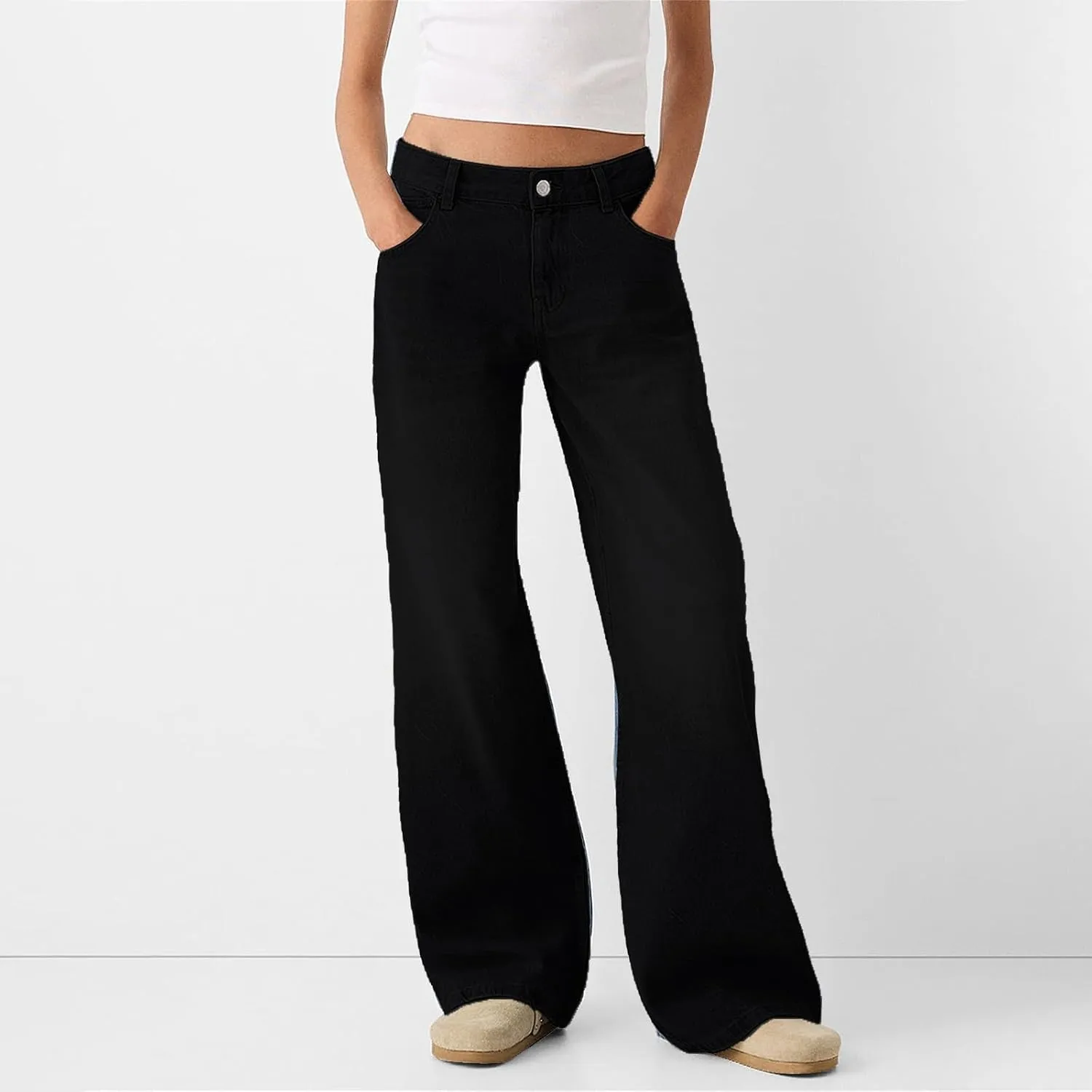 Womens Baggy Wide Leg Jeans High Waisted Boyfriend Loose Fit Bell Bottom Stretchy Denim Pants with Pockets