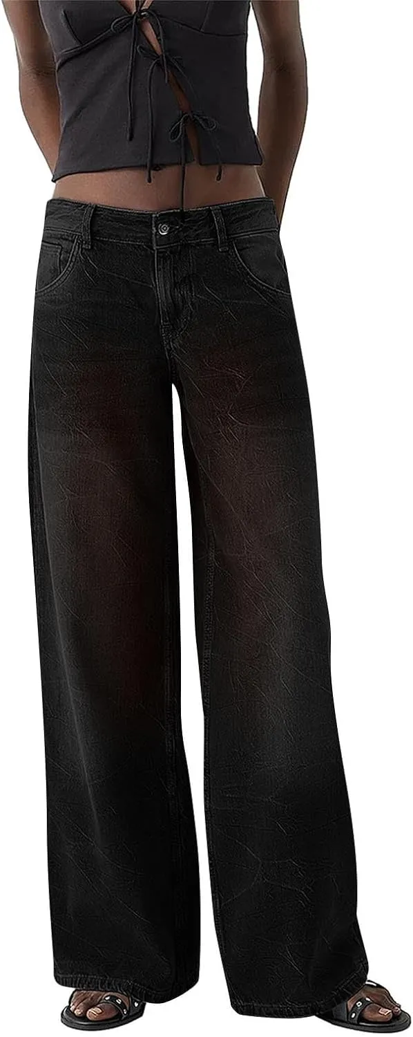 Womens Baggy Wide Leg Jeans High Waisted Boyfriend Loose Fit Bell Bottom Stretchy Denim Pants with Pockets