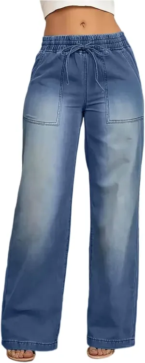 Womens Baggy Wide Leg Jeans High Waisted Boyfriend Loose Fit Bell Bottom Stretchy Denim Pants with Pockets