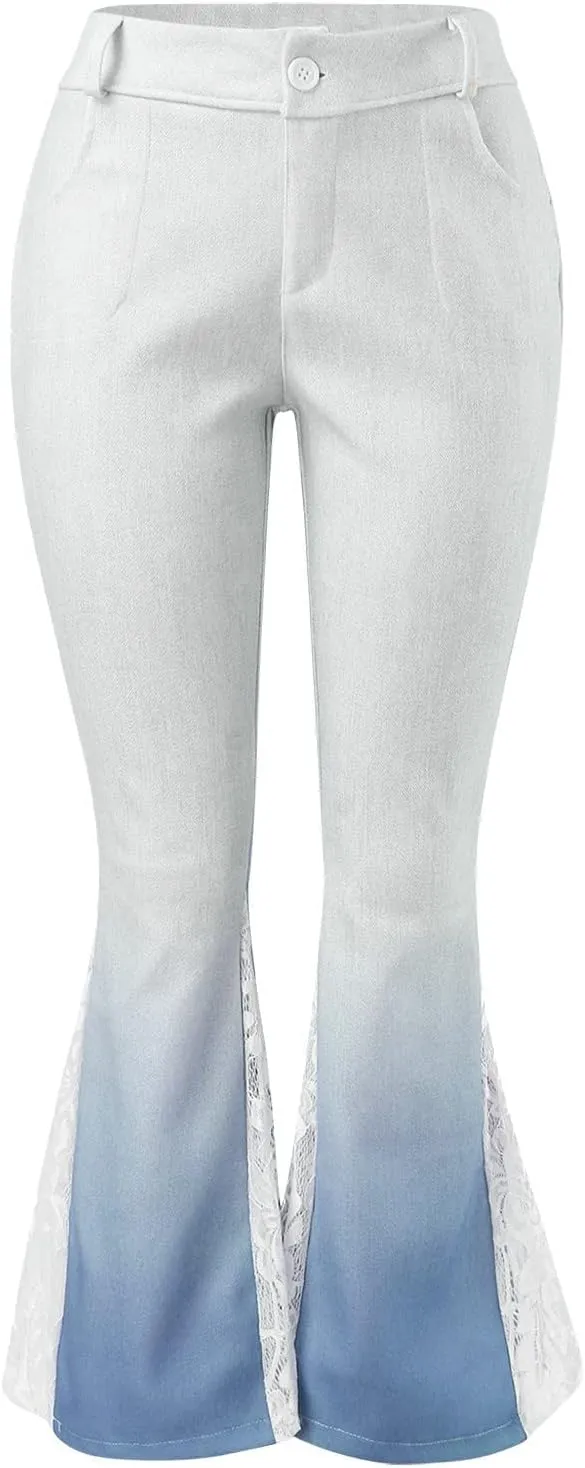 Women's Bell Bottom Faux Denim Pants Flare Tapered Lace Patchwork Gradient Jeans Casual High Waisted Palazzo Pants