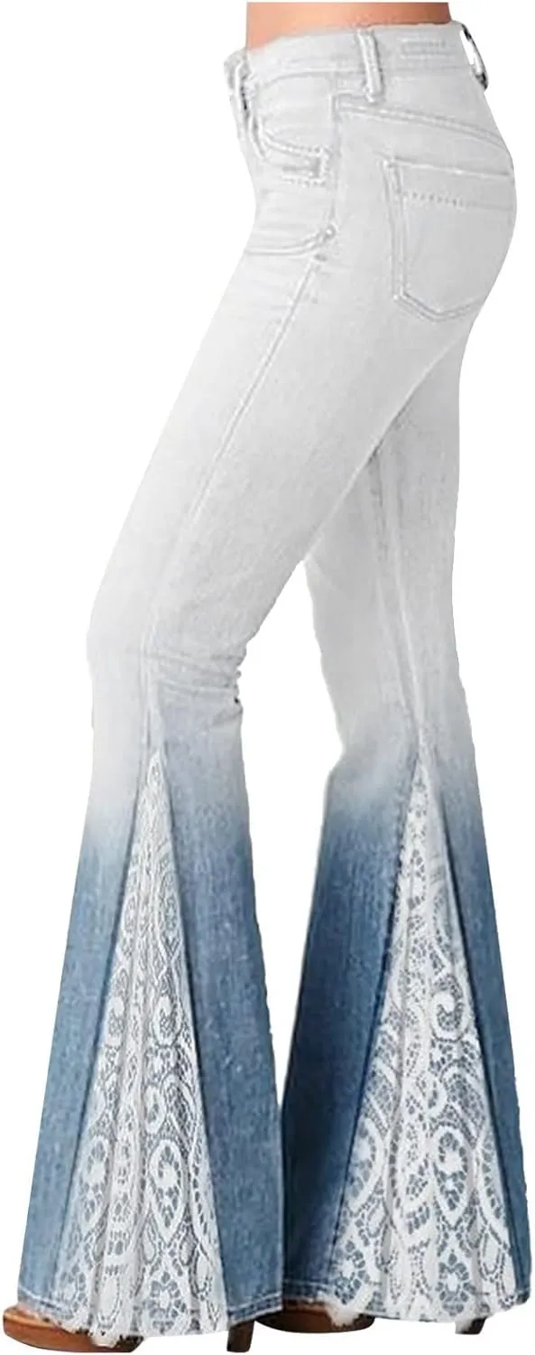 Women's Bell Bottom Faux Denim Pants Flare Tapered Lace Patchwork Gradient Jeans Casual High Waisted Palazzo Pants